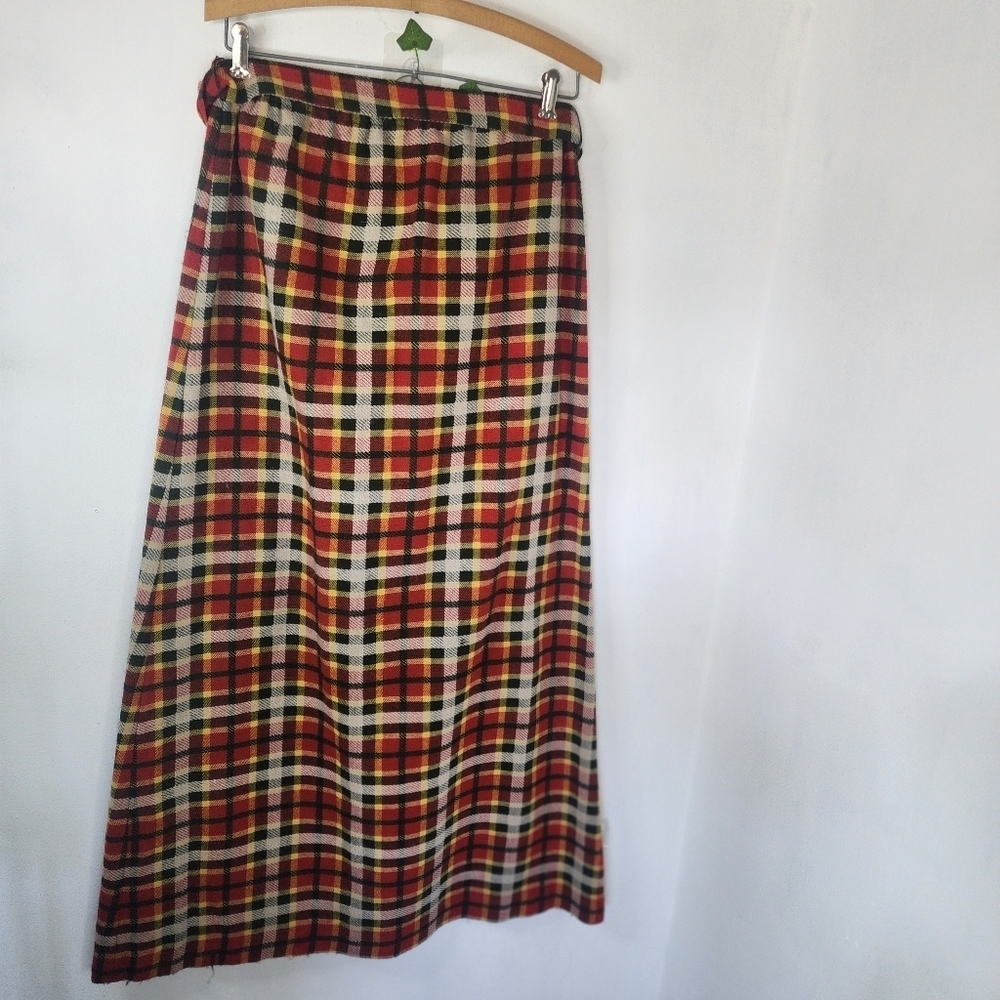 Vintage Wool Plaid A line Maxi Skirt with Belt Elastic Waist - Picture 6 of 9
